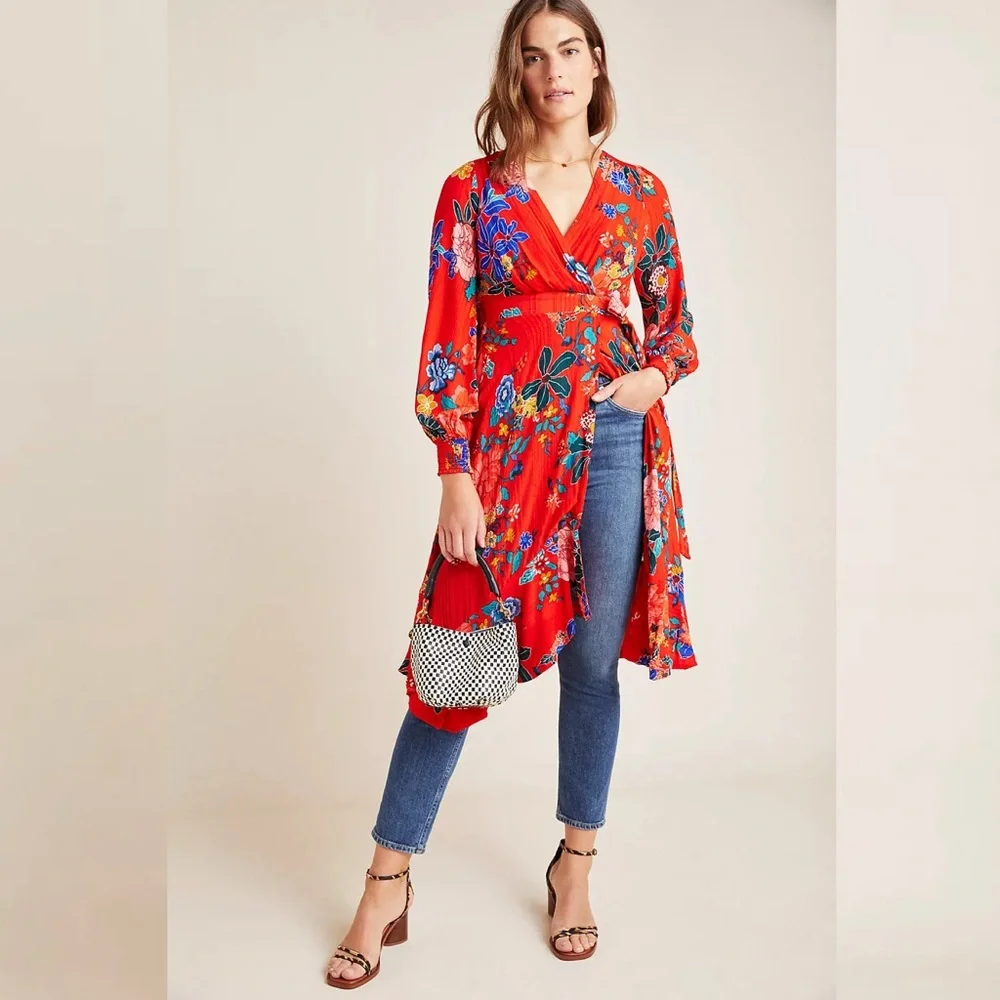 ANTHROPOLOGIE Boswell Red Floral Textured Wrap Tunic Dress Women's Size 12